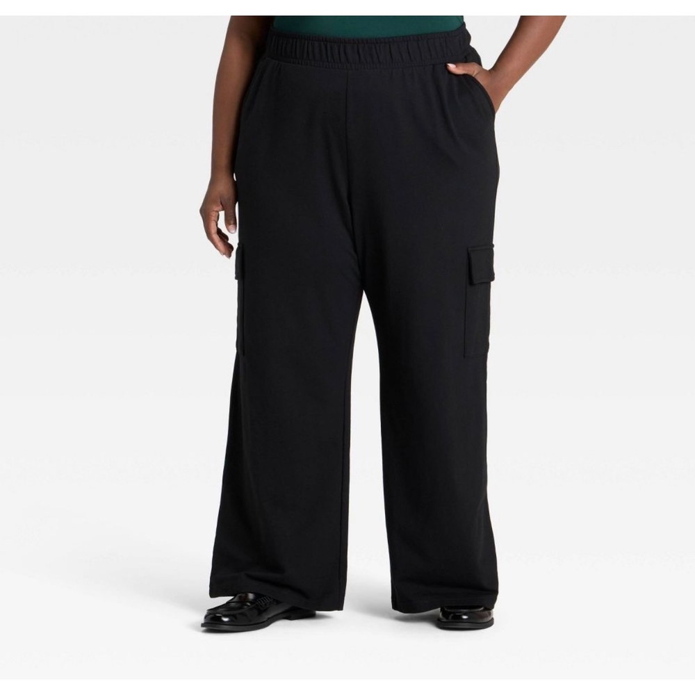 Ava & Viv Women Black High-Rise Wide Leg Cargo Pants with Belt Size 18 NWT